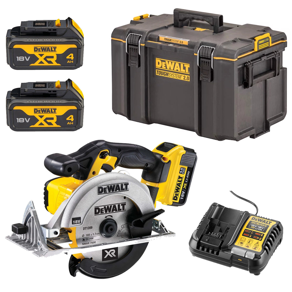 Scie circulaire sans fil DeWalt jaune et noire, avec batteries, chargeur et coffret.