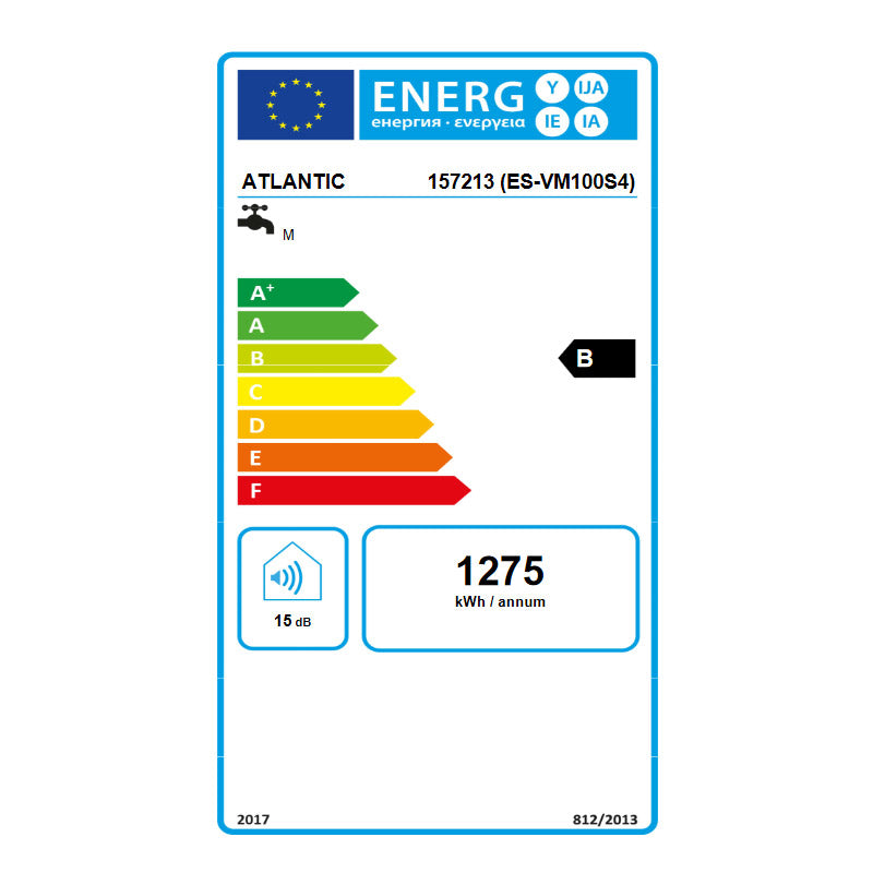 Étiquette énergie chauffe-eau ATLANTIC classe B, modèle blanc, consommation 1275 kWh/an