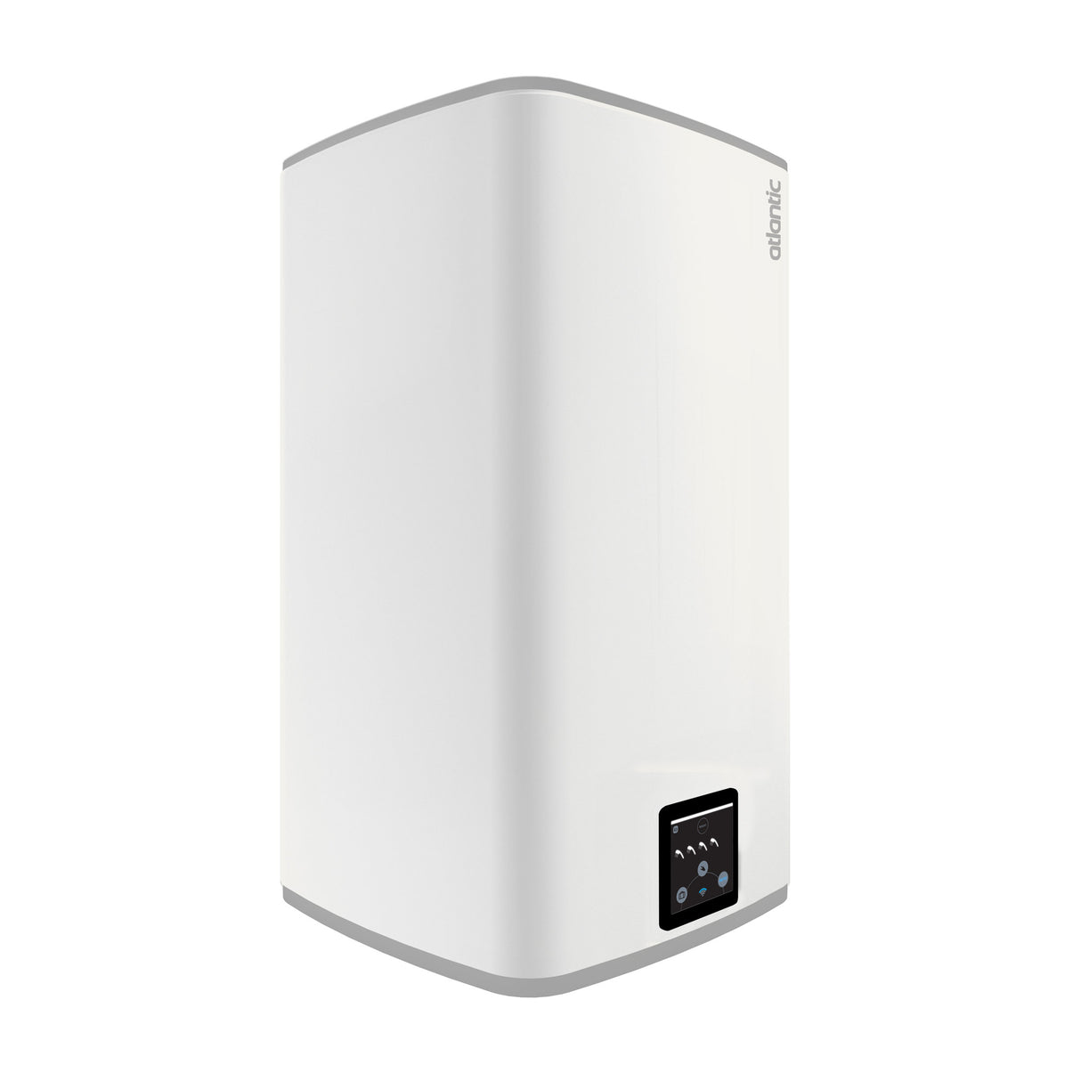Chauffe-eau Atlantic blanc avec panneau de contrôle tactile, appareil sanitaire moderne
