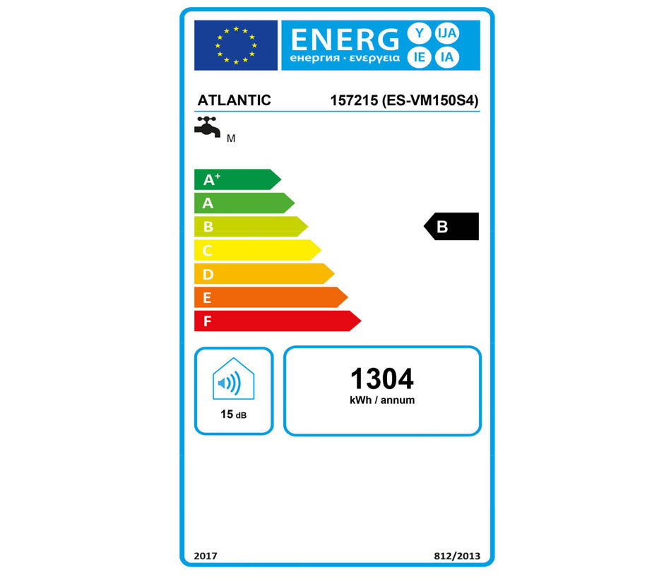Étiquette énergie marque Atlantic, ballon d'eau chaude blanc classe B, consommation annuelle 1304 kWh.