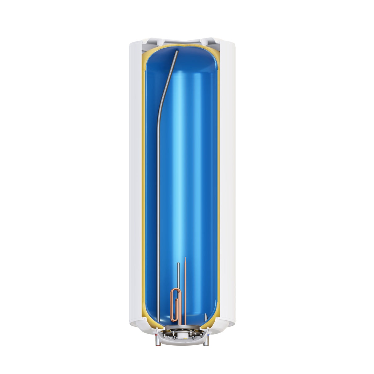 Chauffe-eau blanc, marque non visible, coupe verticale montrant l'intérieur, couleur bleu et blanc