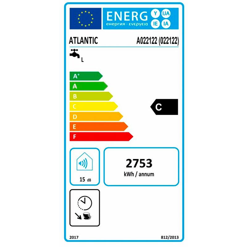 Étiquette énergie chauffe-eau Atlantic, classe C, blanc.