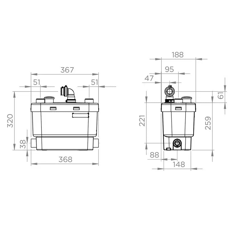 Pompe de relevage SFA Sanispeed+ pour eaux usées, avec moteur compact et connexion flexible, visible en image.