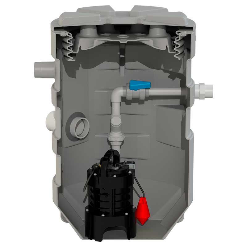 Poste de relevage à enterrer Sanifos 280 pour eaux usées, marque SFA, avec raccords et système de pompage visible.