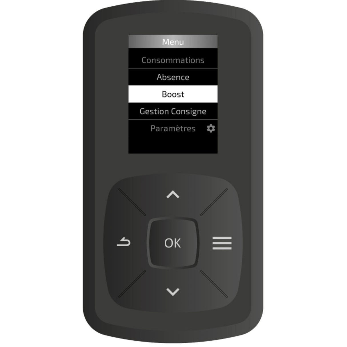 Télécommande noire pour chauffage électrique Atlantic, afficheur digital, boutons de contrôle