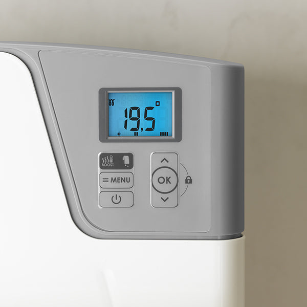 Radiateur électrique blanc Thermor avec écran digital et commandes grises.