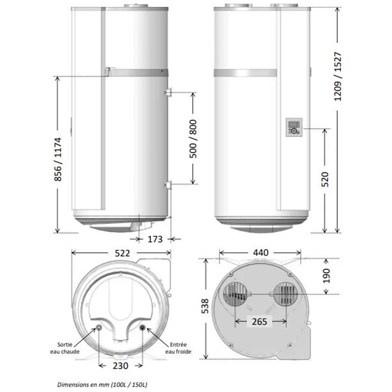 Schéma blanc du chauffe-eau Atlantic, modèle vertical, dimensions et raccordements indiqués.