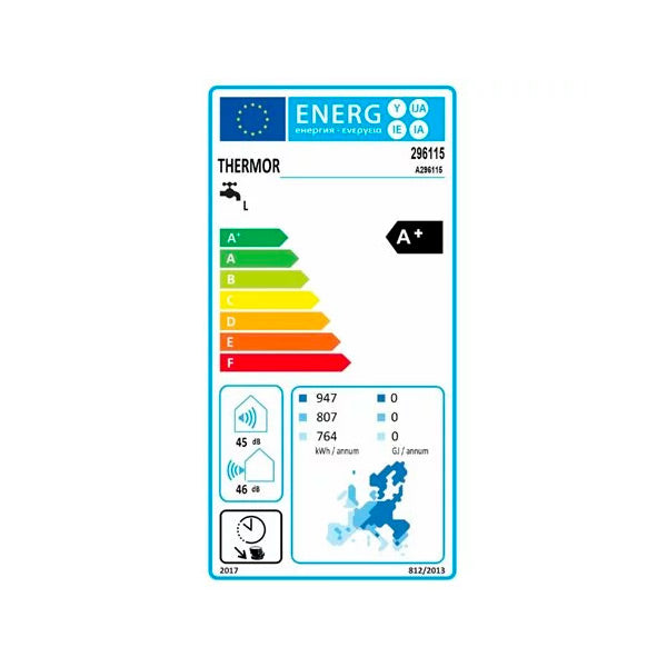 Étiquette énergie chauffe-eau Thermor, classe A+, blanc, consommation et niveau sonore indiqués.