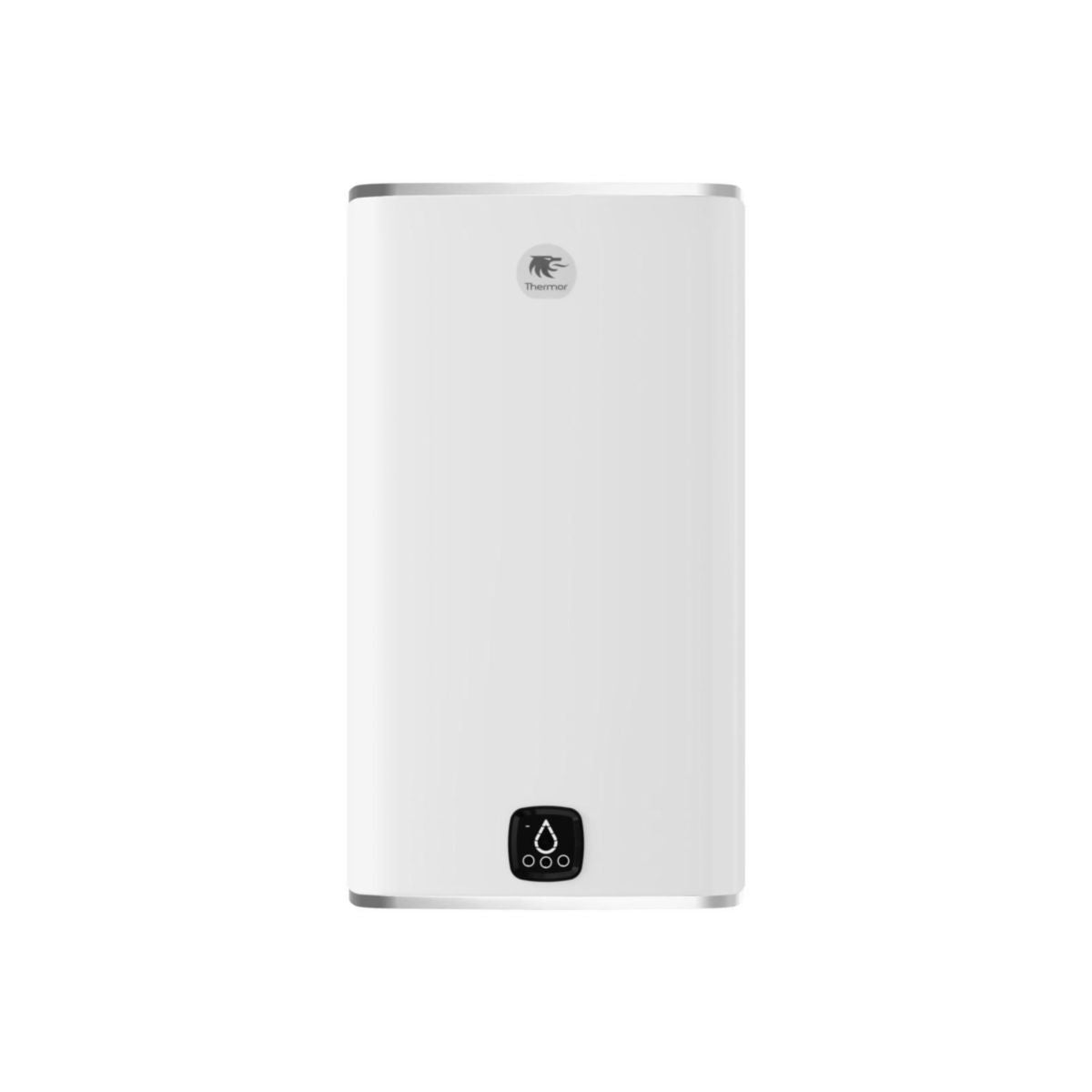 Chauffe-eau Thermor blanc, rectangulaire et mural, avec panneau de contrôle noir.