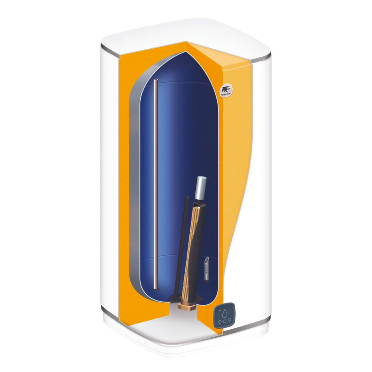 Chauffe-eau Thermor vertical, couleur blanche et orange, coupe interne visible