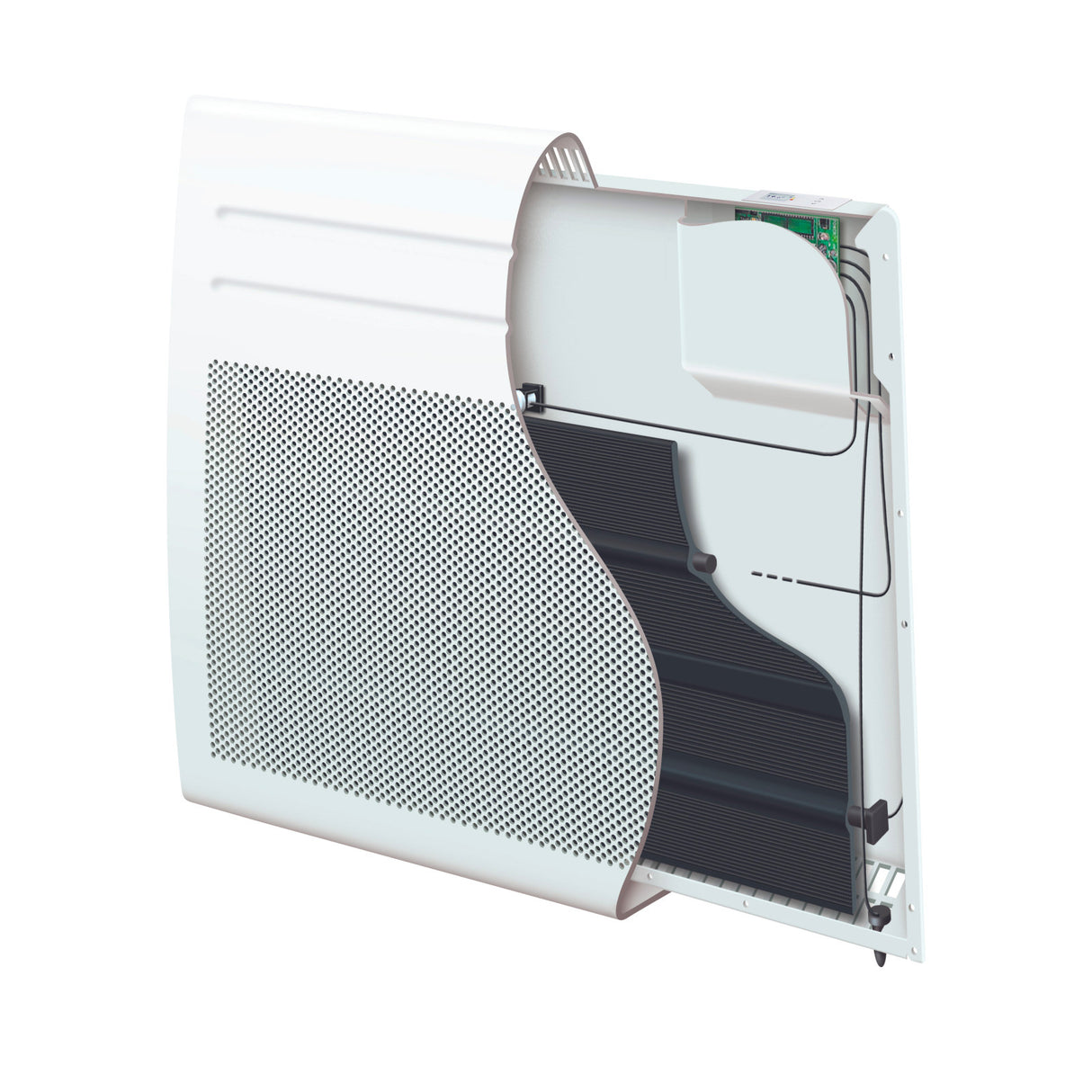 Radiateur Atlantic, chauffage électrique blanc, vue intérieure du panneau et circuits