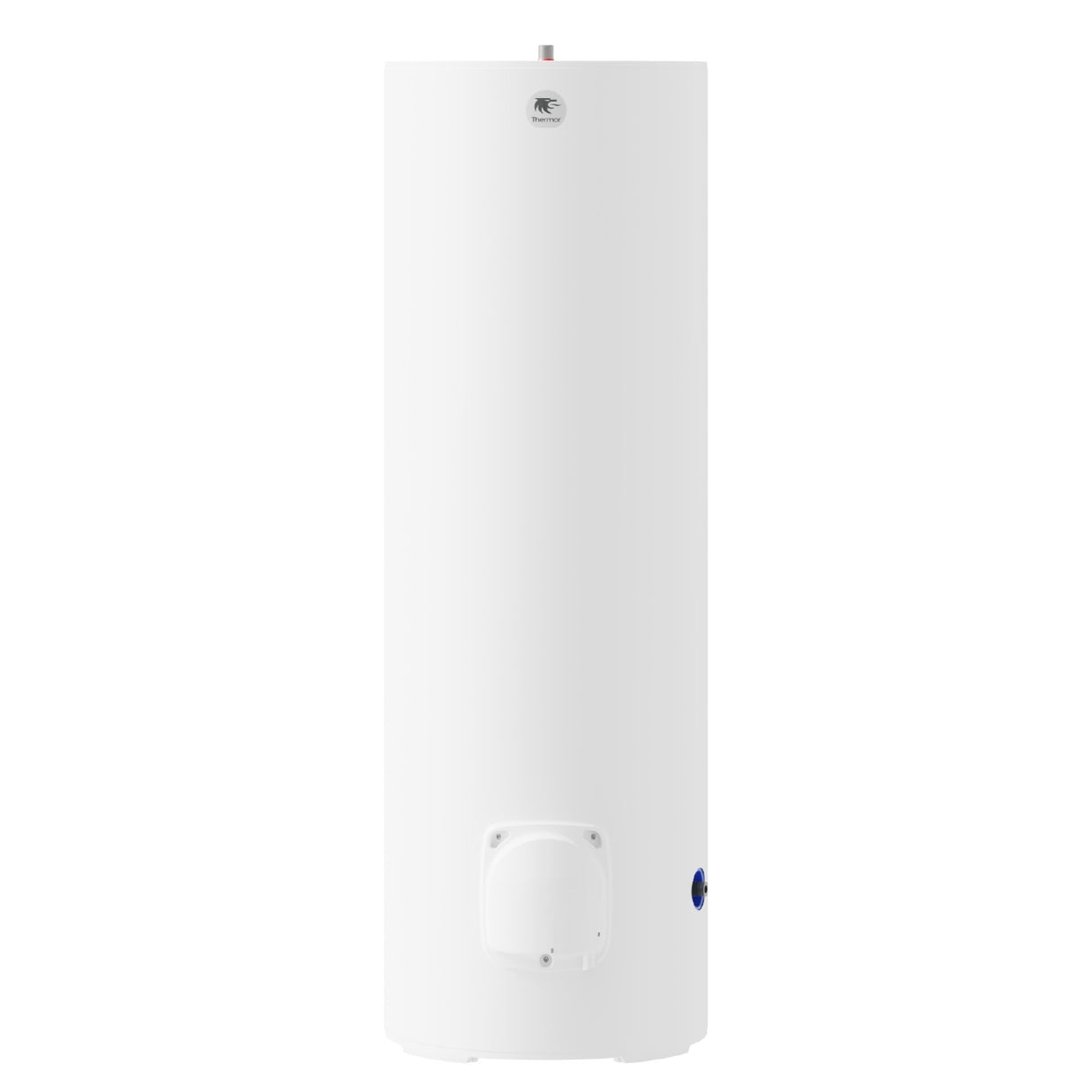 Chauffe-eau blanc Thermor, ballon d'eau chaude cylindrique, marque visible sur le produit