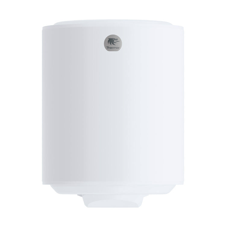 Chauffe-eau Thermor blanc, ballon d'eau chaude cylindrique, marque Thermor visible.