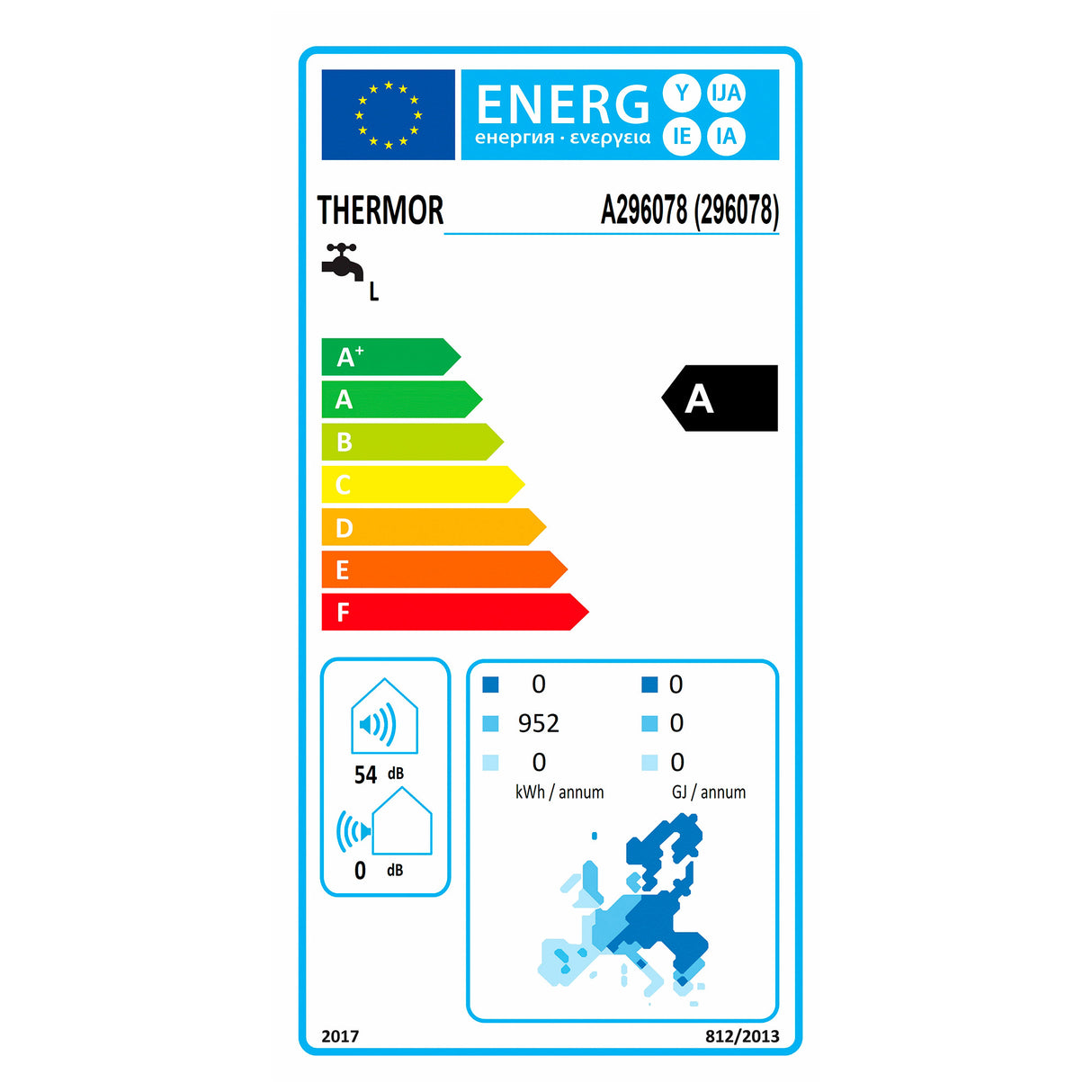 Étiquette énergie chauffe-eau blanc Thermor, classe A, données consommation et bruit.