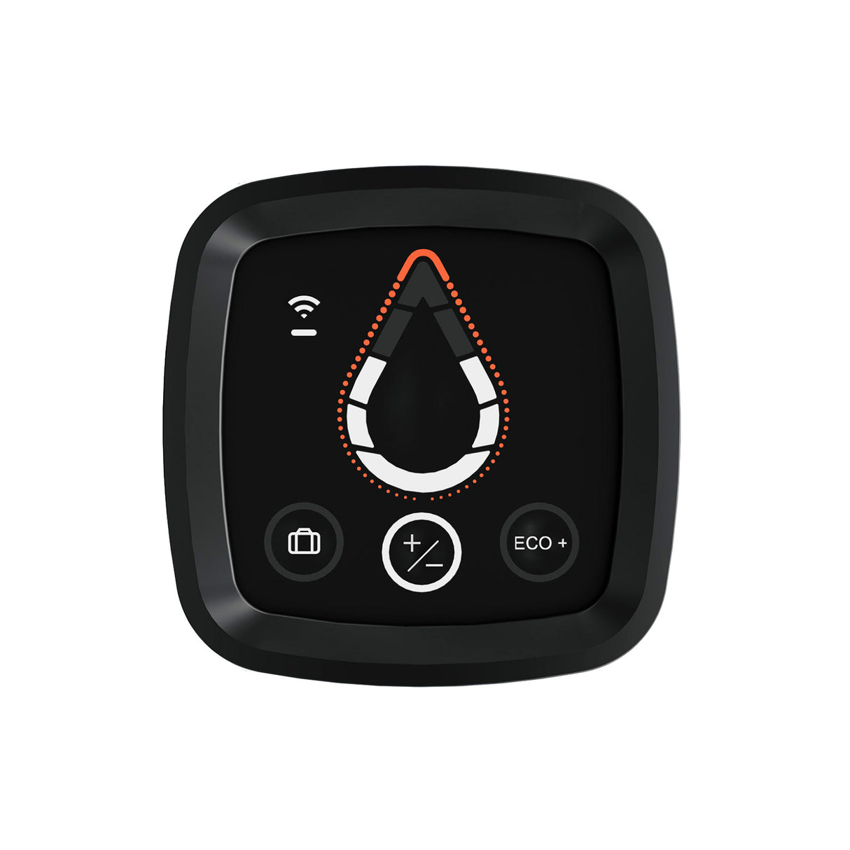 Contrôleur noir Grohe, panneau de commande électronique sanitaire, boutons blancs et orange.
