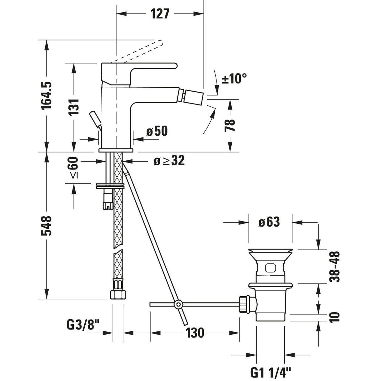 Schéma technique mitigeur lavabo Grohe, robinet chromé avec dimensions détaillées.