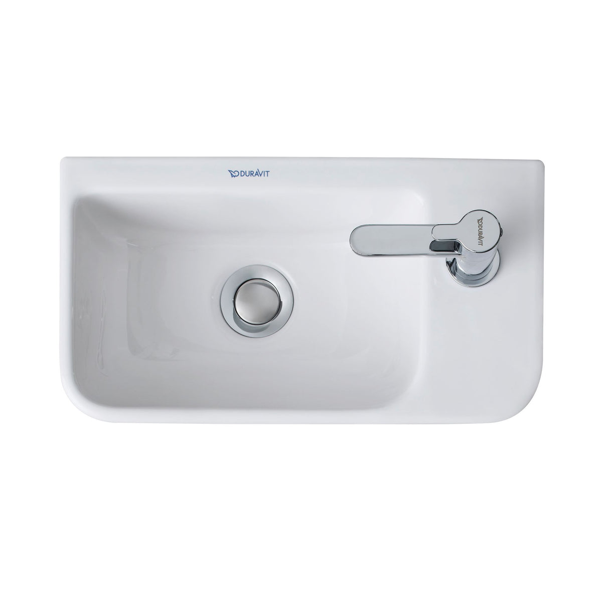 Lavabo blanc Duravit rectangulaire avec robinetterie chrome, sanitaire moderne
