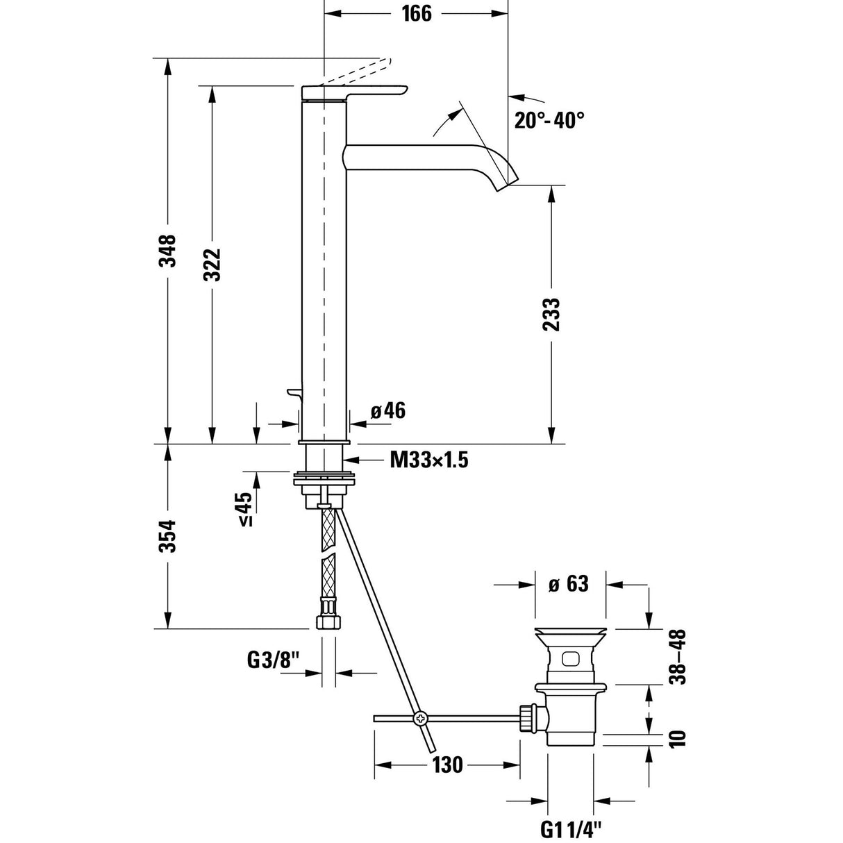 Schéma technique du mitigeur lavabo Grohe, couleur chromée, avec mesures détaillées.