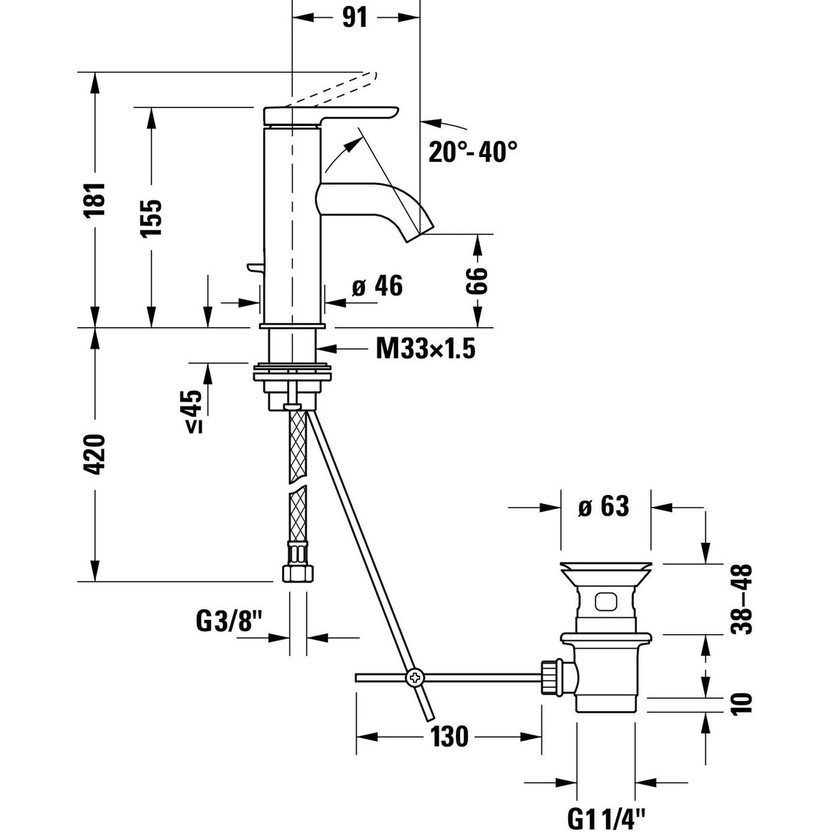 Schéma technique du mitigeur Grohe, robinet de lavabo, couleur chromée, avec cotes précises.