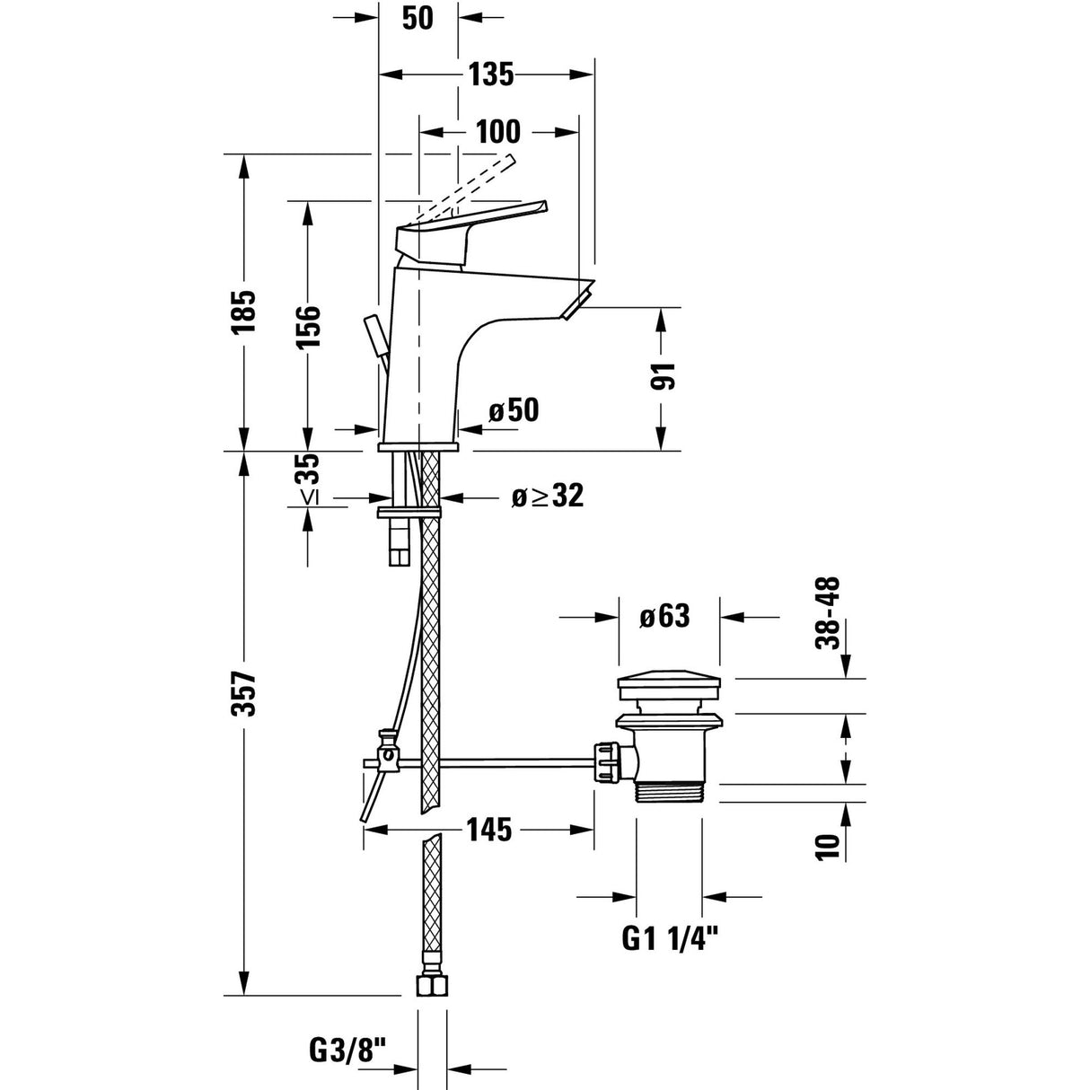 Mitigeur lavabo chromé Grohe avec vidage, schéma technique avec dimensions détaillées