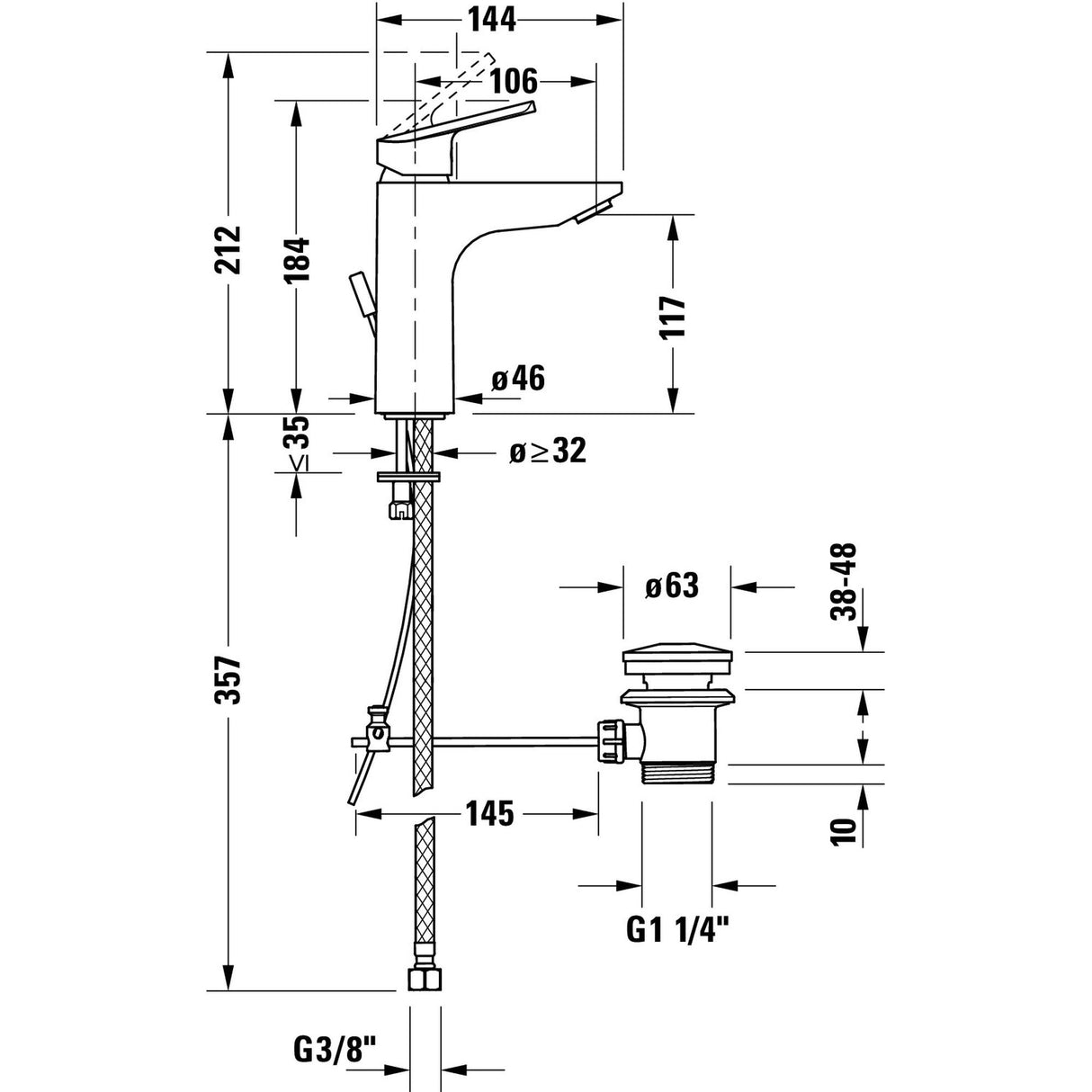 Mitigeur lavabo Grohe chromé, schéma technique et dimensions détaillées