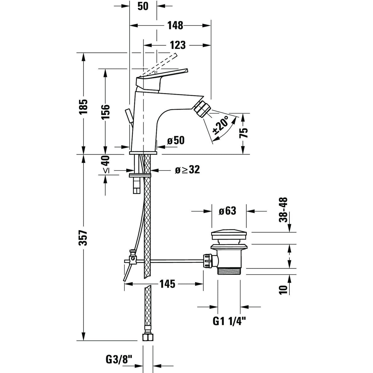 Plan technique du mitigeur bidet chromé Grohe avec cotes détaillées.