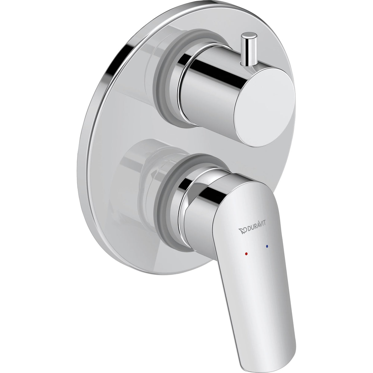 Mitigeur de douche Duravit chromé, robinet mural moderne couleur argent.