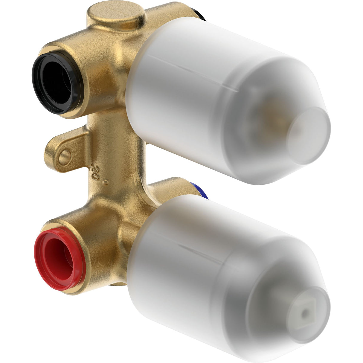 Corps d'encastrement Grohe, mitigeur laiton doré avec raccords rouges et noirs.