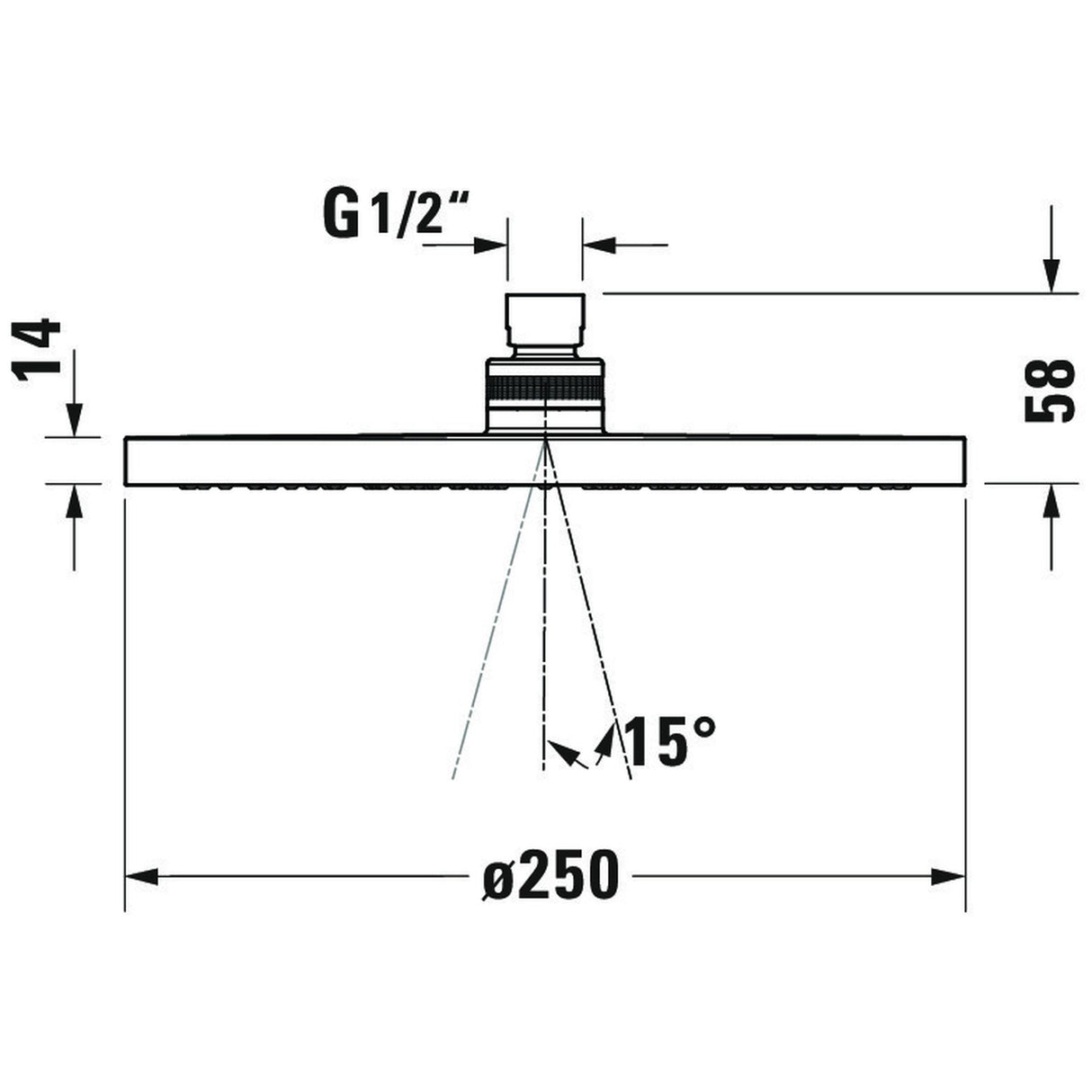 Pommeau de douche Grohe, acier chromé, diamètre 250 mm, schéma avec mesures