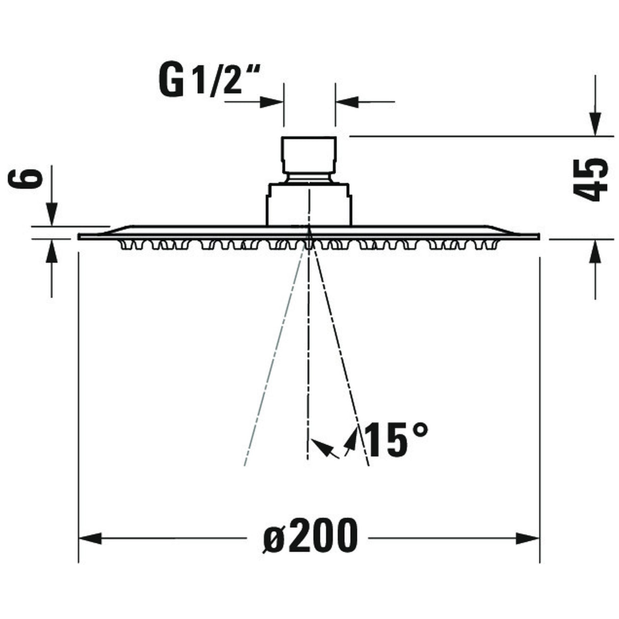 Pommeau de douche Grohe rond, couleur chrome, schéma technique avec dimensions.