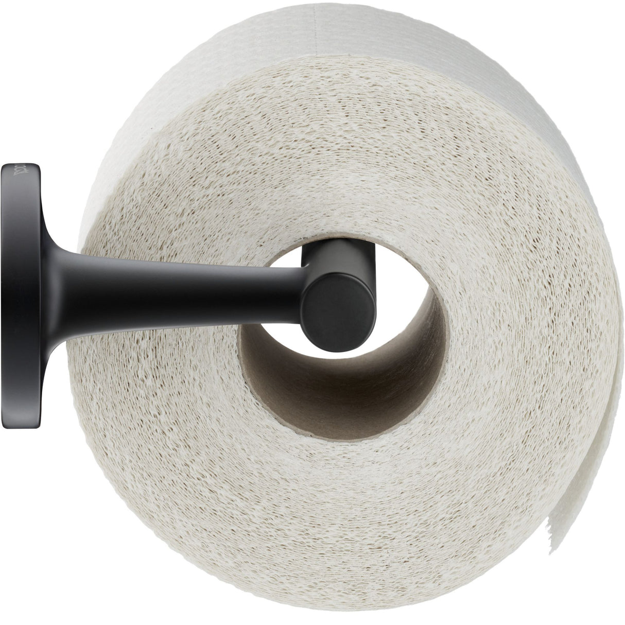 Porte-papier toilette Hansgrohe, accessoire mural noir avec rouleau blanc.