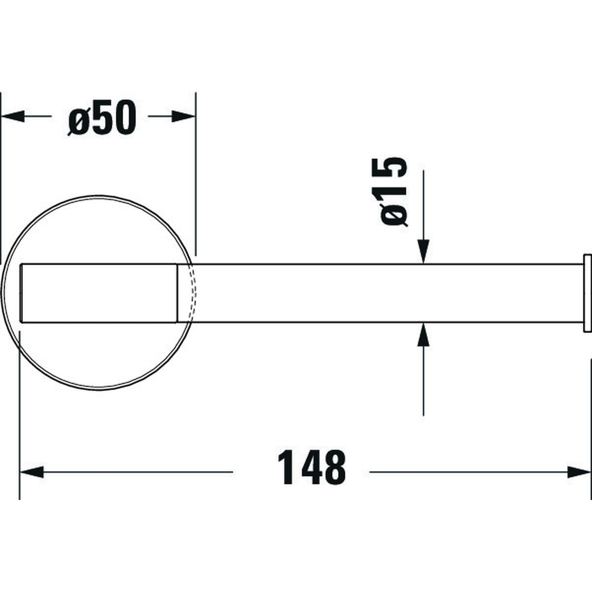 Plan technique Grohe, barre d’appui murale, inox, diamètre 15 mm, longueur 148 mm.
