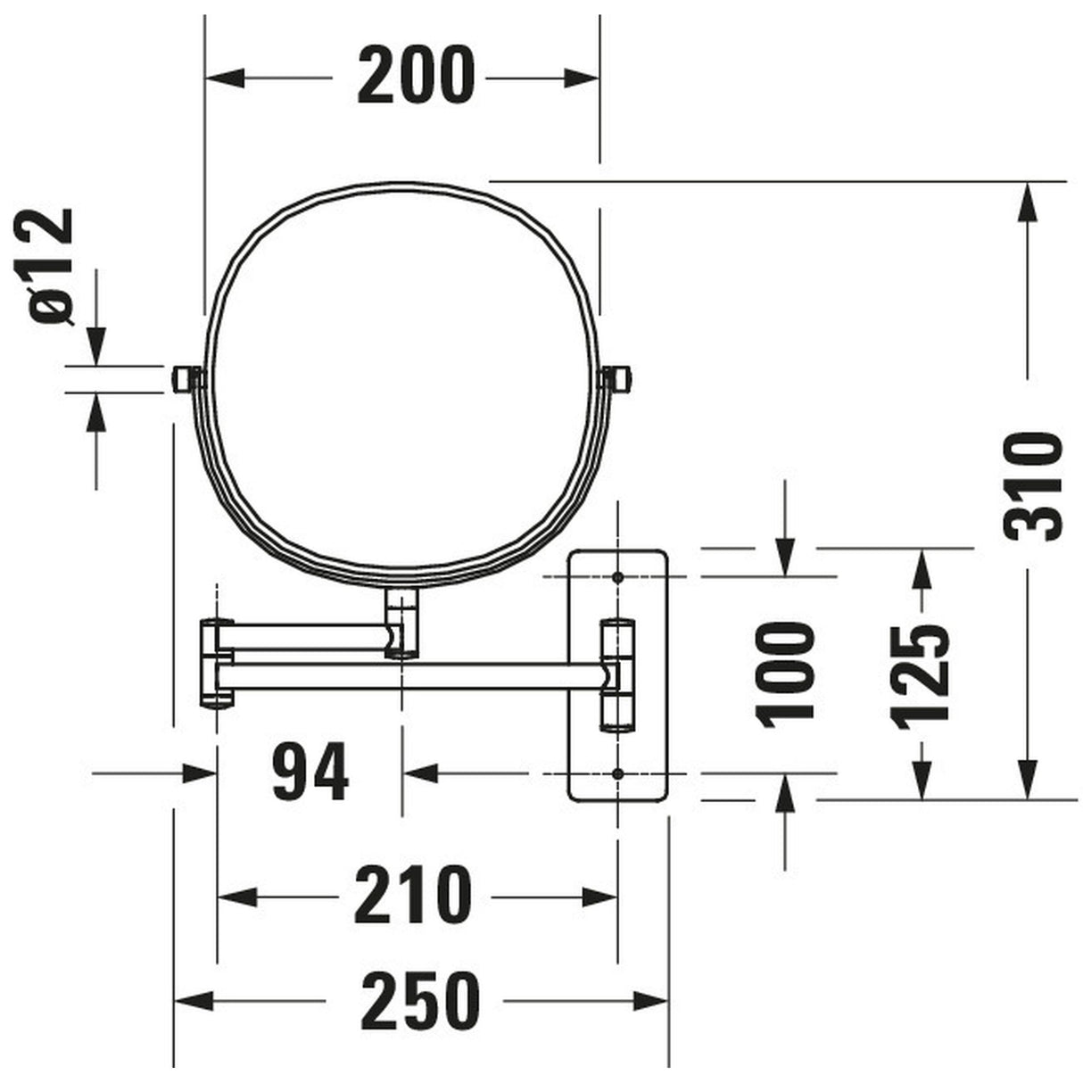 Miroir mural Grohe rond, argent, schéma technique avec dimensions en millimètres.
