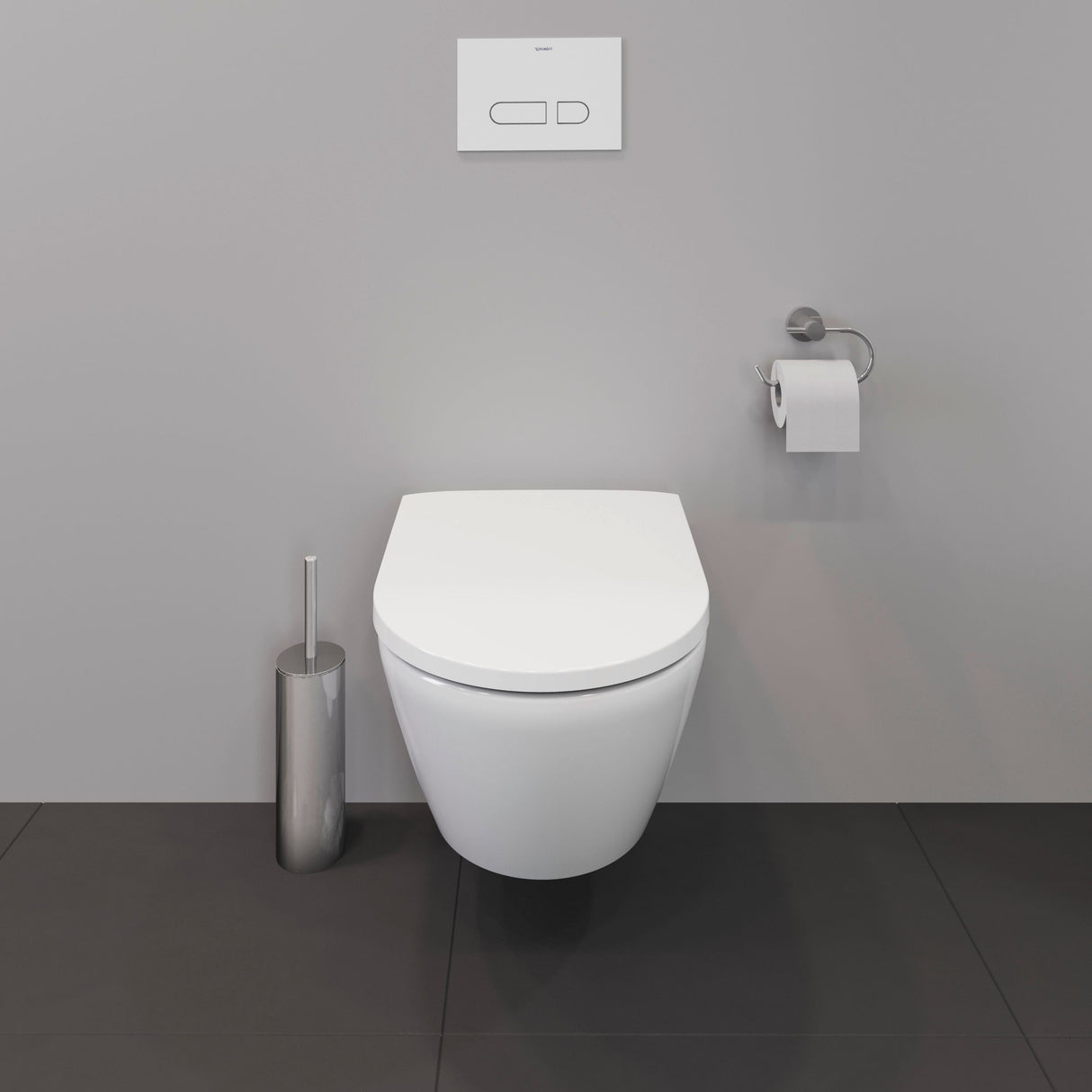 WC suspendu blanc Duravit avec plaque de commande, design moderne, murs gris