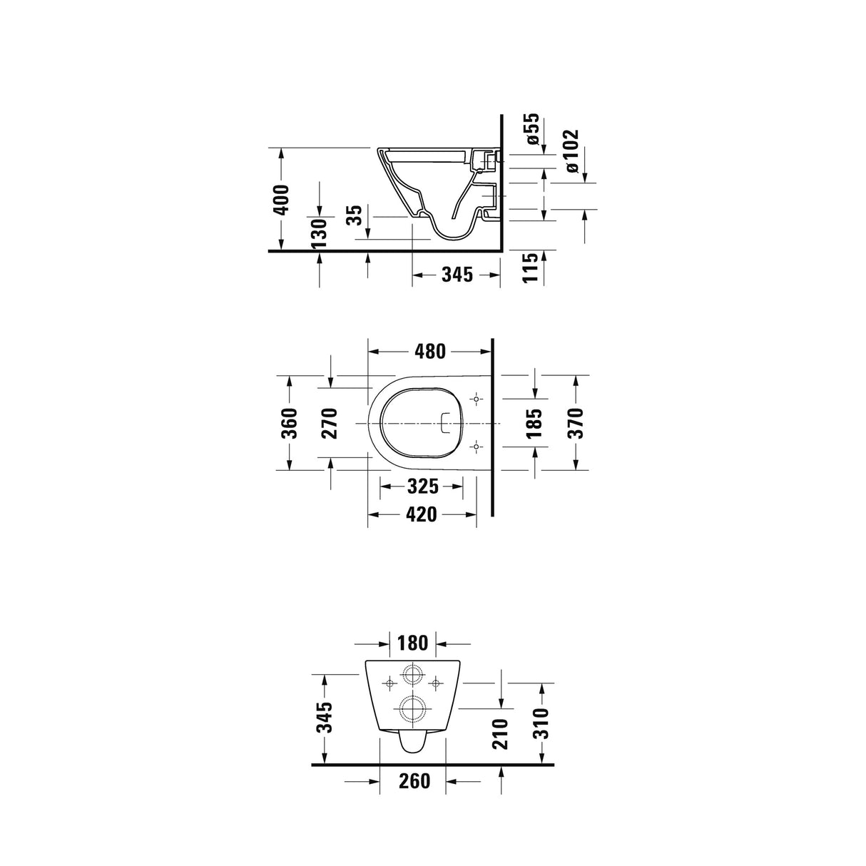 Plan technique WC suspendu Grohe blanc avec dimensions détaillées
