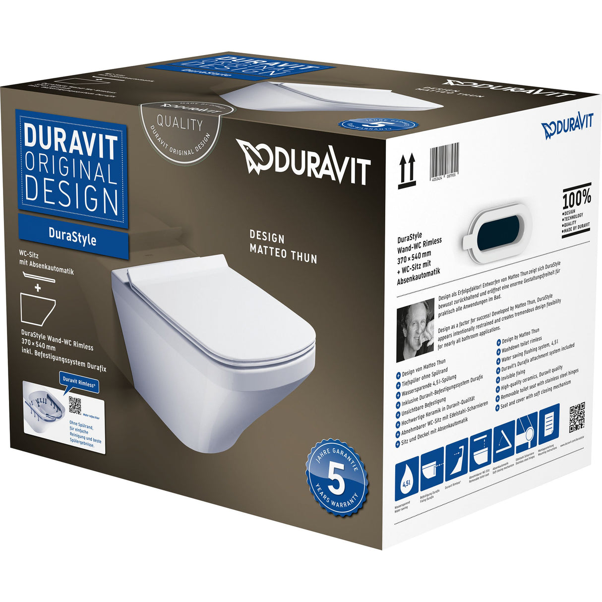 Toilette suspendue blanche, marque Duravit, modèle DuraStyle, sur emballage carton.