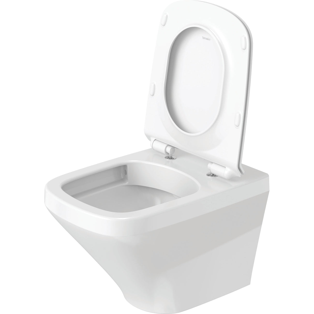 Toilette suspendue blanche Duravit en céramique, abattant ouvert, design moderne.