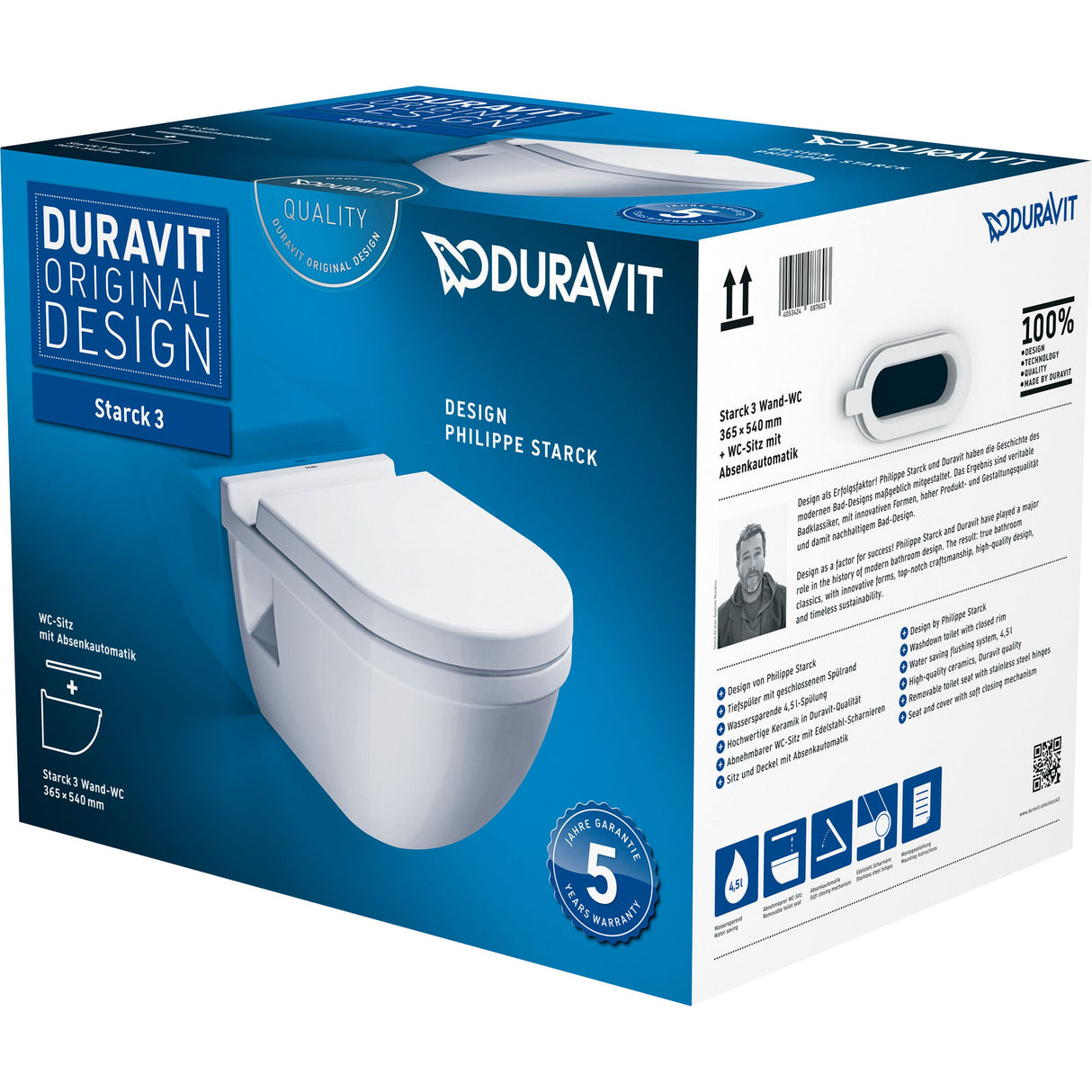Toilette suspendue blanche Duravit Starck 3, emballage produit, design moderne.