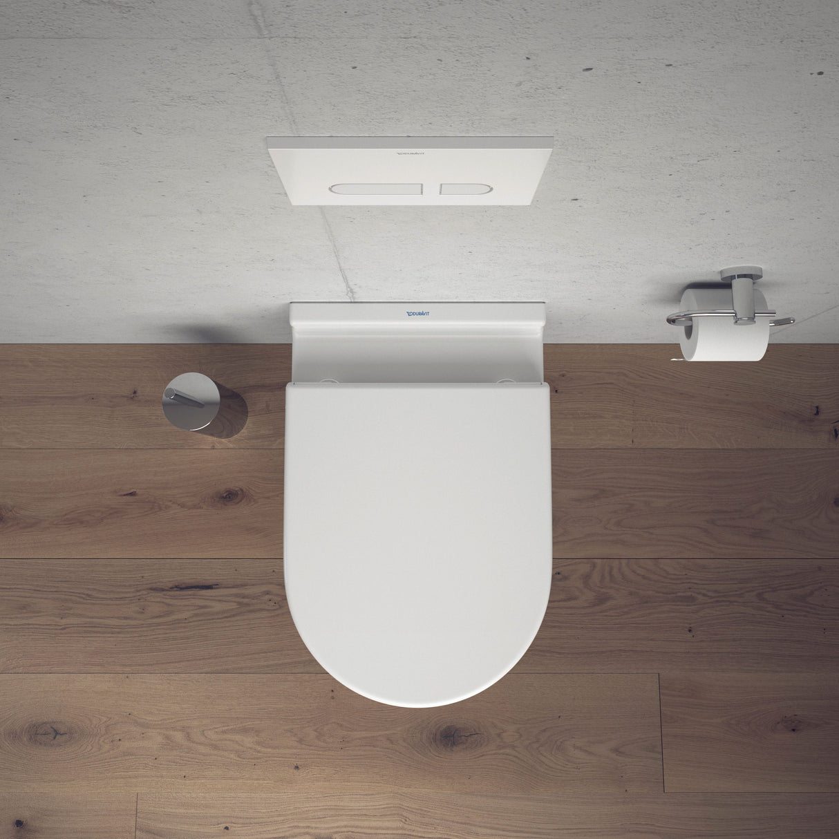 WC suspendu blanc Duravit, abattant blanc, design moderne, sur sol bois