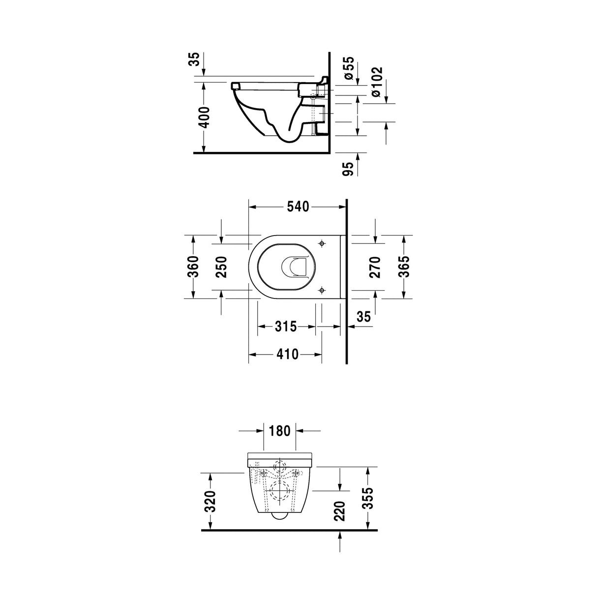 Schéma technique WC suspendu, marque Grohe, couleur blanc, dimensions détaillées.