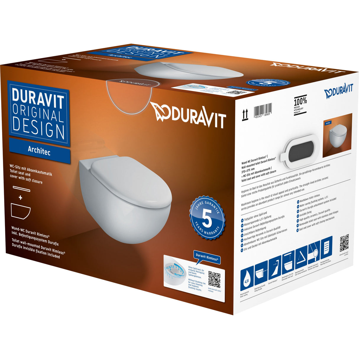 Cuvette WC suspendue blanche Duravit Architec, emballage produit, sanitaire moderne