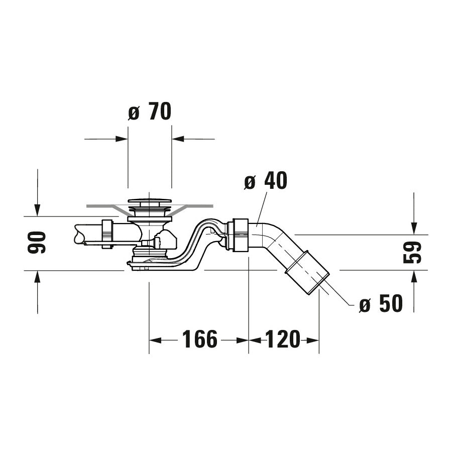 Siphon d'évier Grohe en métal chromé, schéma technique avec mesures détaillées.