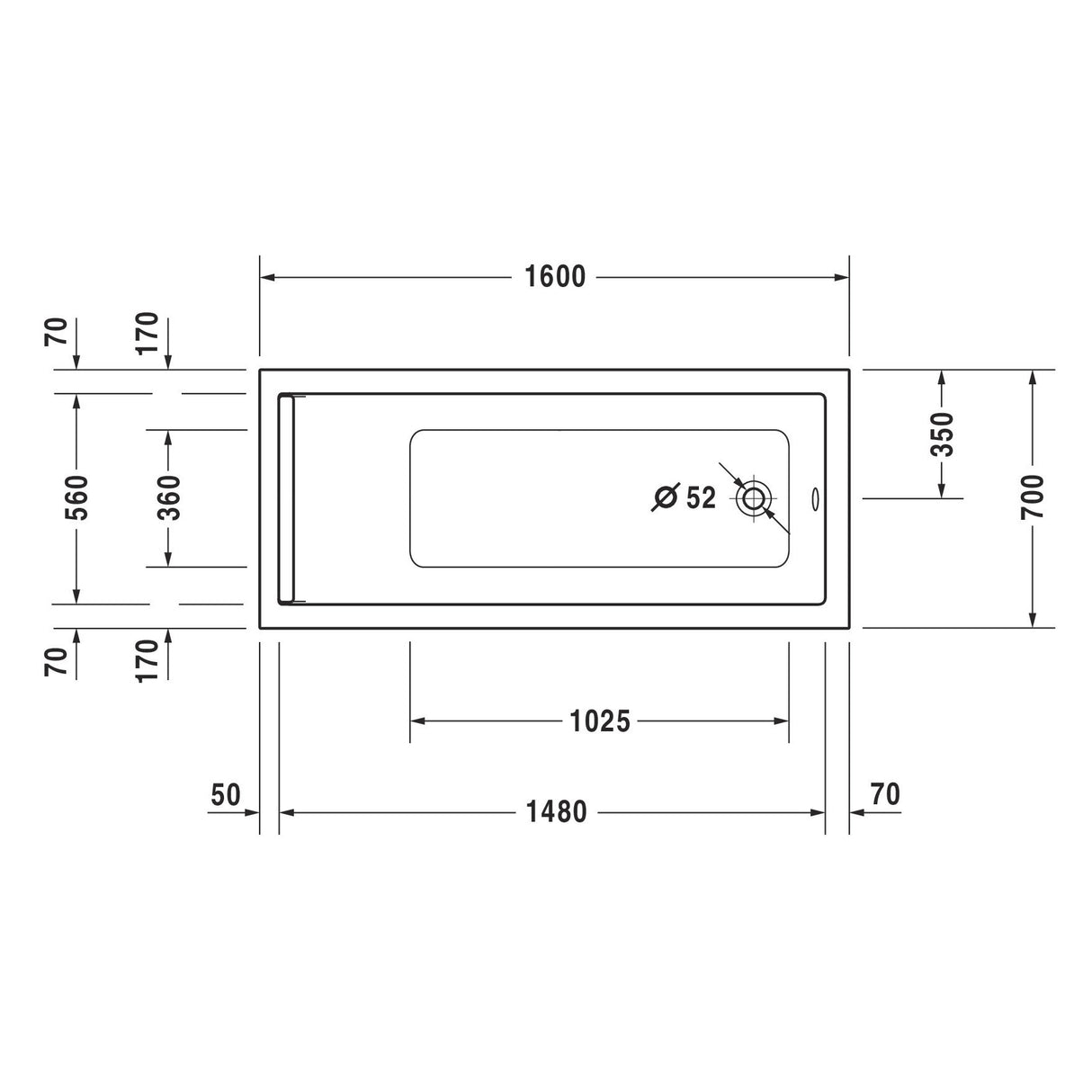 Plan technique de baignoire blanche Grohe, rectangulaire, dimensions 160x70 cm.