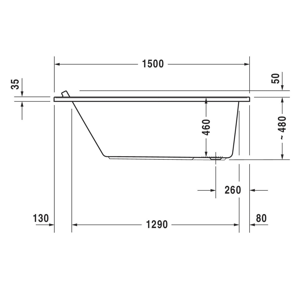 Baignoire Grohe blanche, schéma technique avec dimensions détaillées du produit.