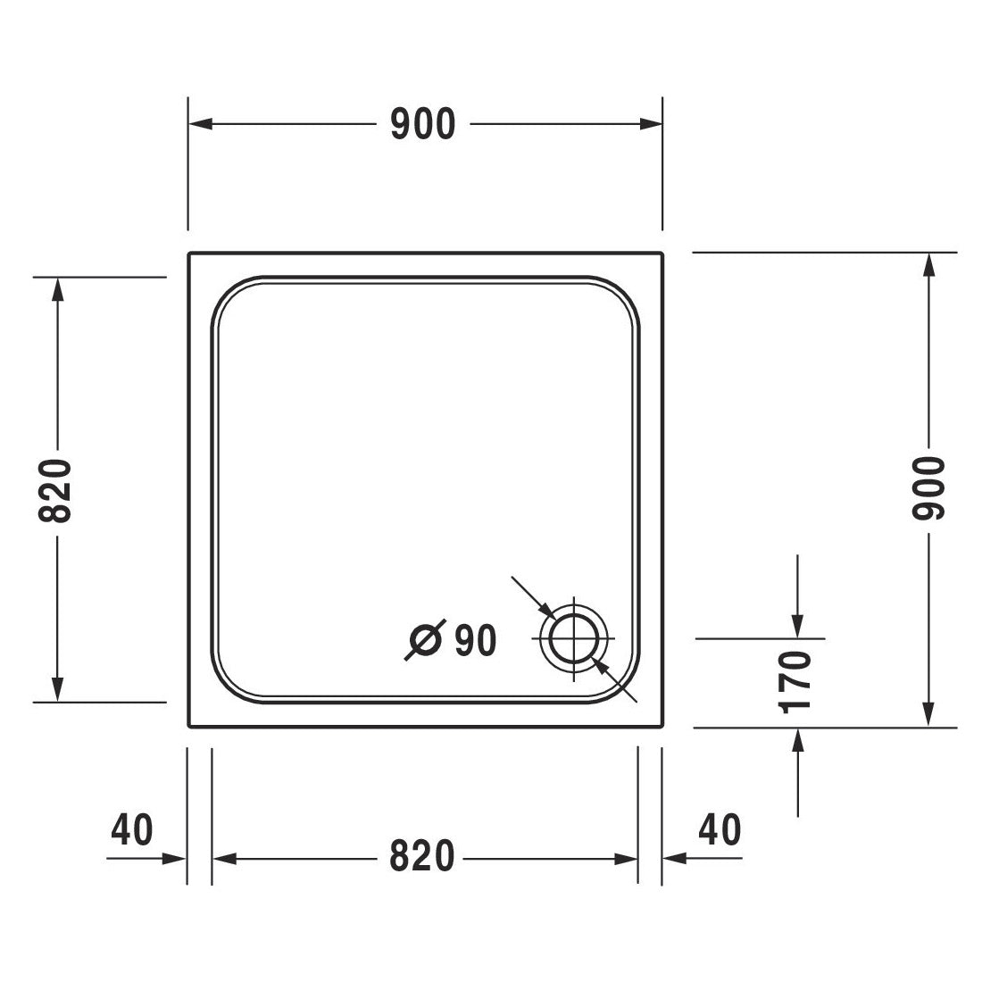 Receveur de douche blanc Grohe, dimensions 90x90 cm, plan technique détaillé