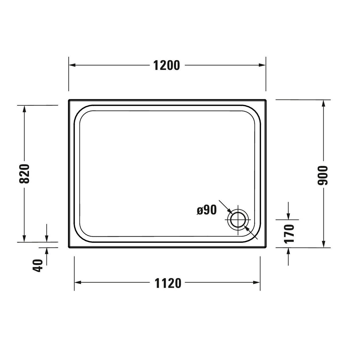 Receveur de douche Grohe blanc, plan rectangulaire avec dimensions détaillées, bonde à droite.