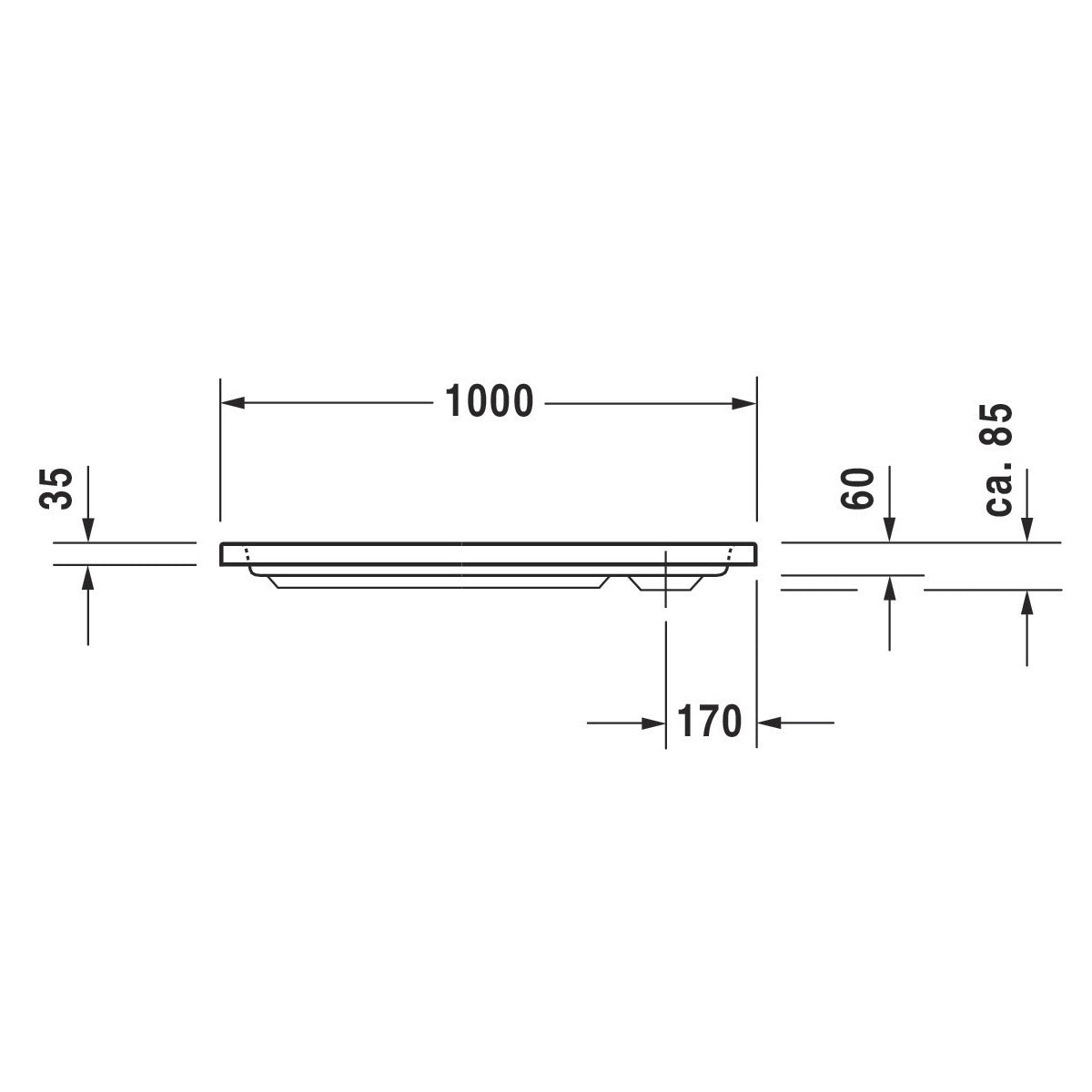 Schéma technique receveur de douche blanc Grohe, dimensions 1000x35 mm