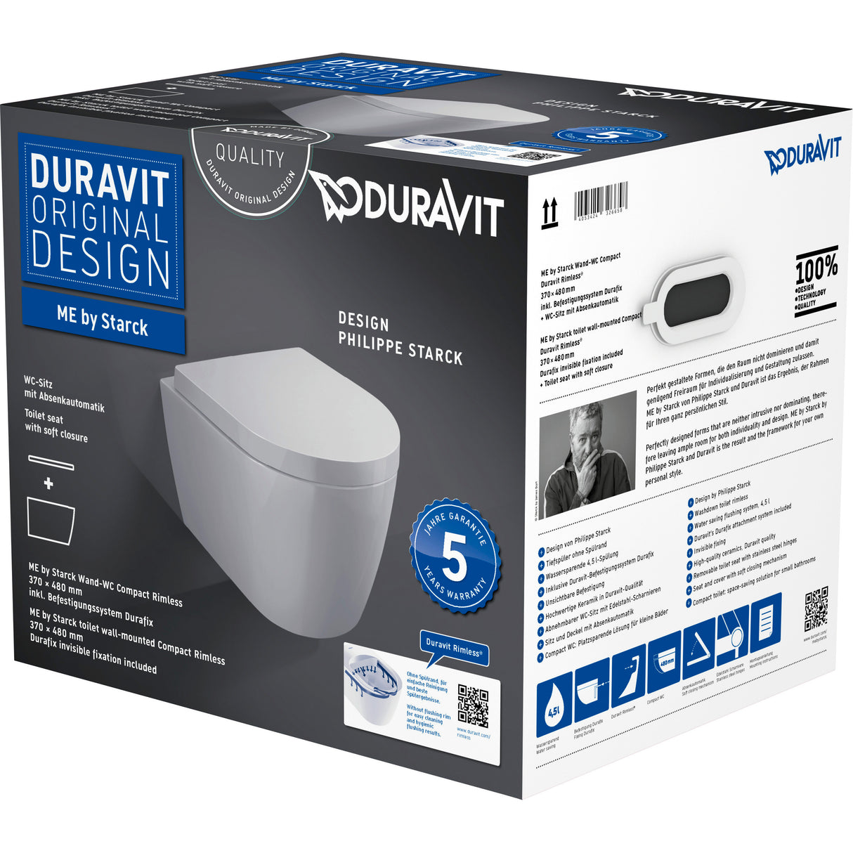 Cuvette WC suspendu compact sans bride DURAVIT ME by Starck, design moderne, installation murale pour salle de bain élégante