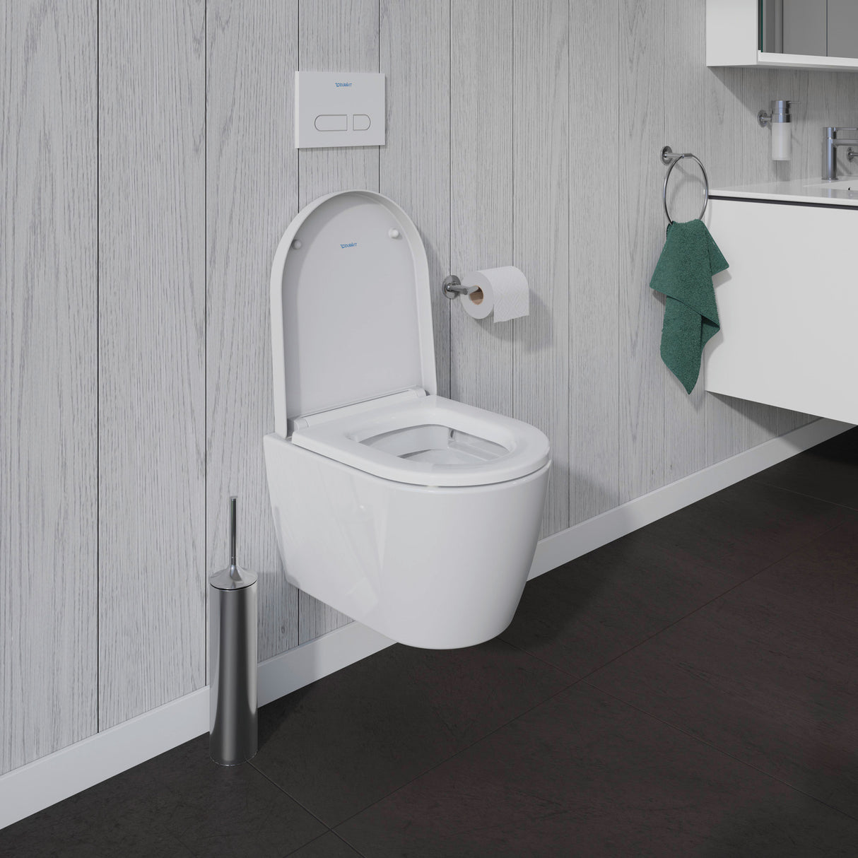 Cuvette WC suspendu compact sans bride DURAVIT ME by Starck, design moderne et épuré, installation murale pour salle de bain.