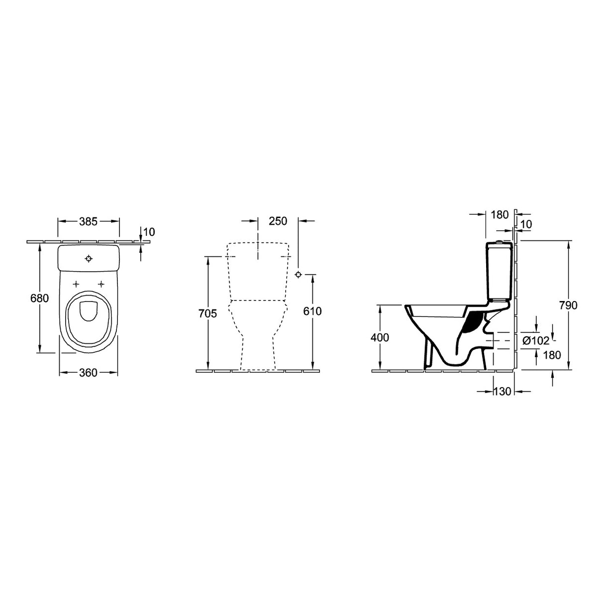 Schéma technique WC Grohe blanc, dimensions détaillées, vue avant et côté.
